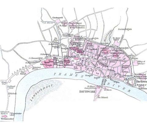 London in around 1300: a walled town separated by open country from the King's base in distant Westminster. South of the river is sparsely populated and Lambeth is still a marsh.